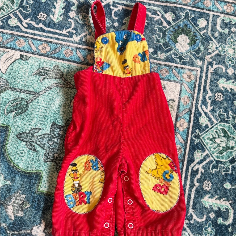 Vintage Sesame Street Red Corduroy Overalls with Yellow Character Bib
